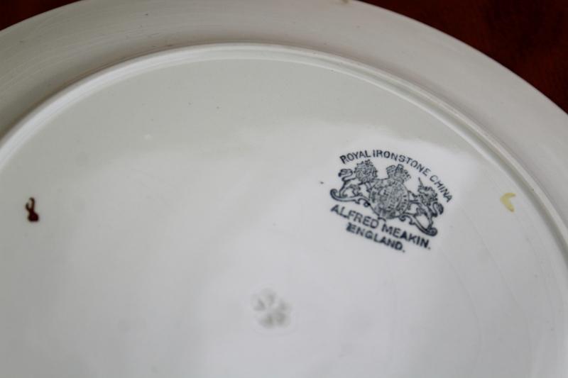 photo of antique farm country kitchen china, very worn old Tea Leaf ironstone dinner plates #6