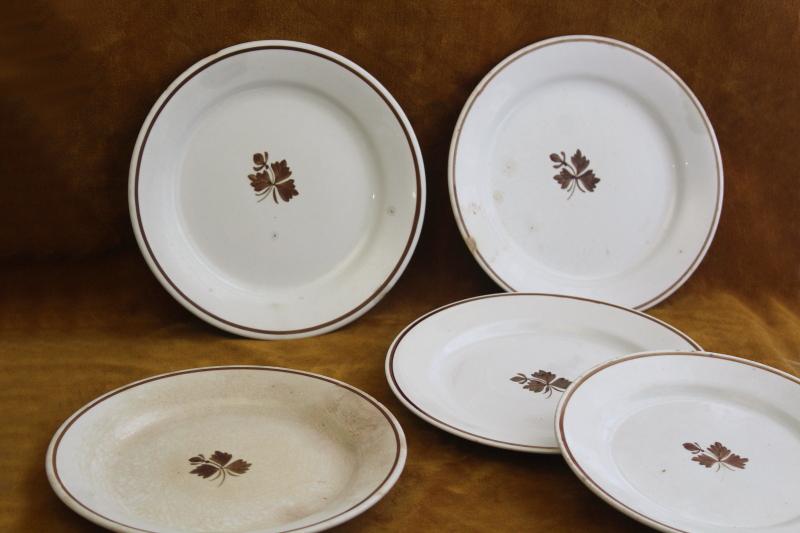 photo of antique farm country kitchen china, very worn old Tea Leaf ironstone dinner plates #8