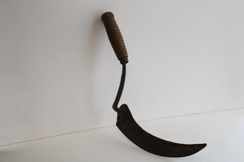 photo of antique farm tool, sickle blade corn or hay knife embossed Big Indian brand #2