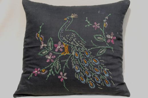 photo of antique feather filled sofa pillow, black sateen cushion w/ embroidered peacock #1