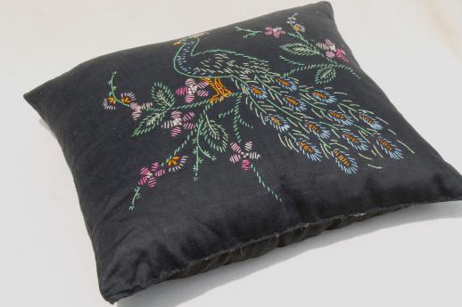 photo of antique feather filled sofa pillow, black sateen cushion w/ embroidered peacock #2