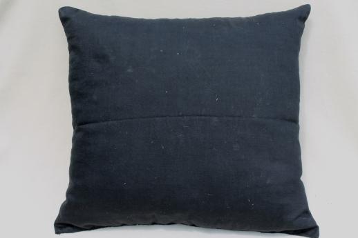 photo of antique feather filled sofa pillow, black sateen cushion w/ embroidered peacock #3