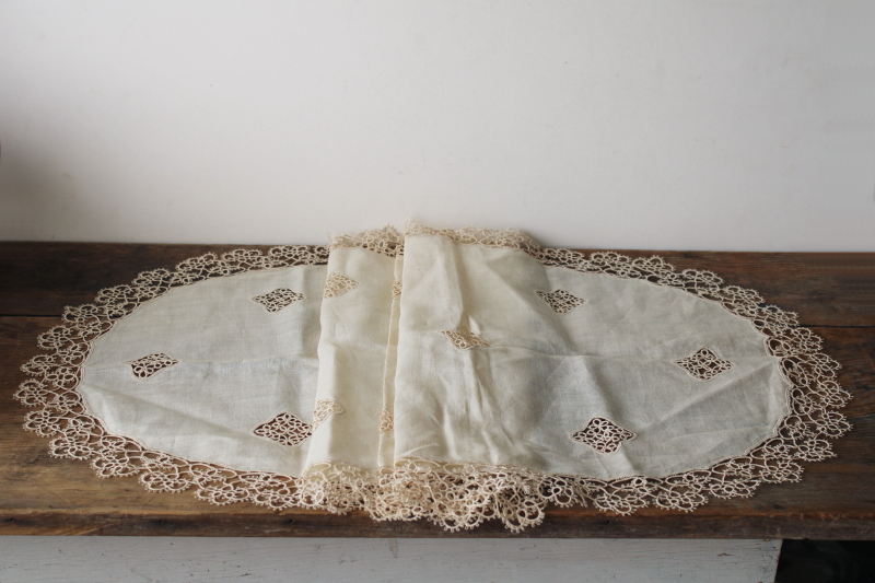 photo of antique fine flax linen table runner w/ handmade tatting lace edging, early 1900s vintage  #1