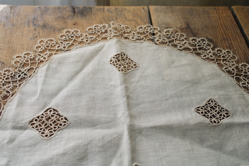 photo of antique fine flax linen table runner w/ handmade tatting lace edging, early 1900s vintage  #3