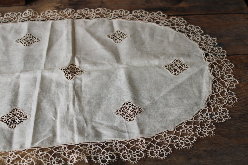 photo of antique fine flax linen table runner w/ handmade tatting lace edging, early 1900s vintage  #4