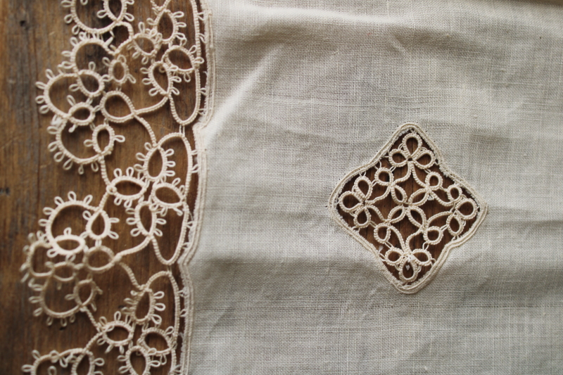 photo of antique fine flax linen table runner w/ handmade tatting lace edging, early 1900s vintage  #5