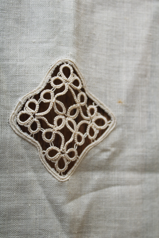 photo of antique fine flax linen table runner w/ handmade tatting lace edging, early 1900s vintage  #7