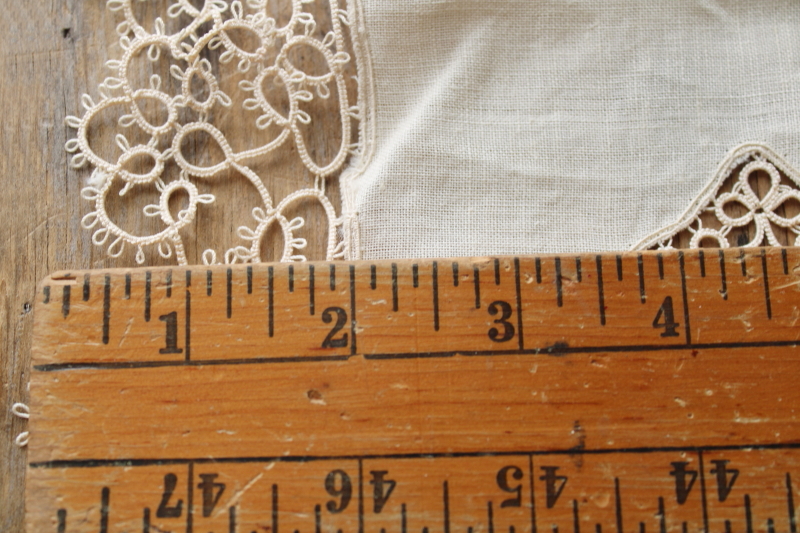 photo of antique fine flax linen table runner w/ handmade tatting lace edging, early 1900s vintage  #8