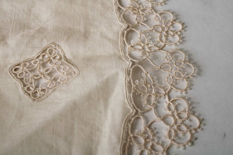 photo of antique fine flax linen table runner w/ handmade tatting lace edging, early 1900s vintage  #9