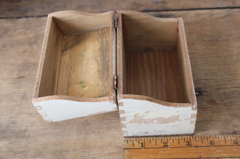 photo of antique fingerjointed wood box, recipe card file box w/ chippy old white paint  #5