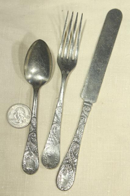 photo of antique flatware, primitive rustic country pioneer tin silverware, knife fork spoon #2