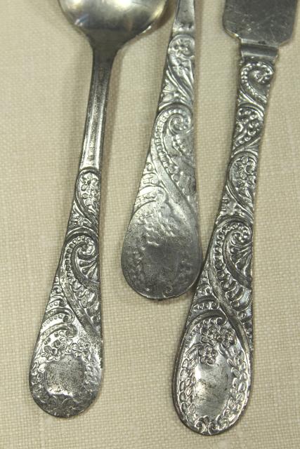 photo of antique flatware, primitive rustic country pioneer tin silverware, knife fork spoon #3