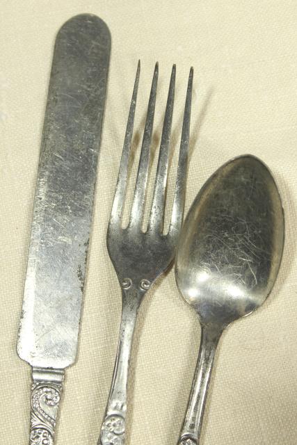 photo of antique flatware, primitive rustic country pioneer tin silverware, knife fork spoon #4