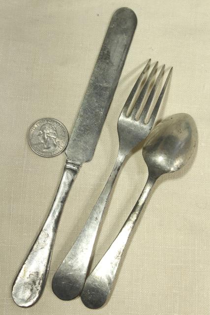 photo of antique flatware, primitive rustic country pioneer tin silverware, knife fork spoon #5