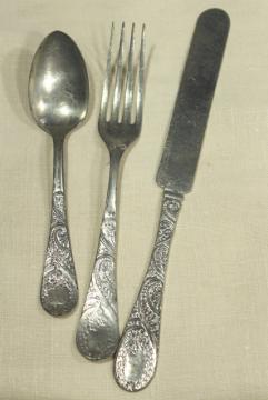 catalog photo of antique flatware, primitive rustic country pioneer tin silverware, knife fork spoon
