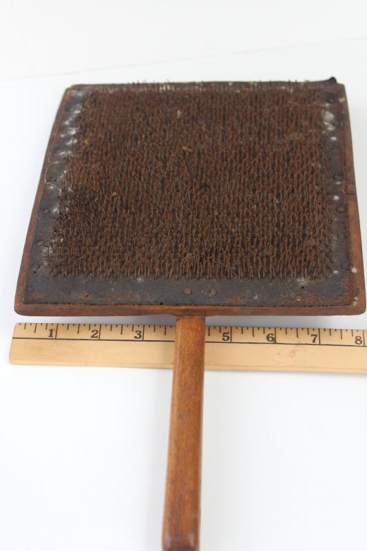 photo of antique flax comb or wool carder for fiber carding, old wood brush 1800s vintage #8