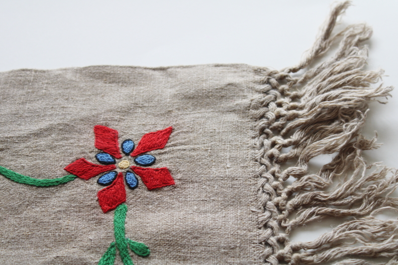 photo of antique flax linen w/ folk art embroidery, fringed table runner or pillow cover 1920s vintage #3
