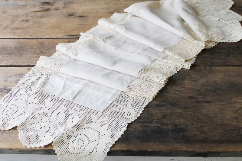 photo of antique flax linen table runner w/ wide cotton crochet lace, vintage farmhouse #1