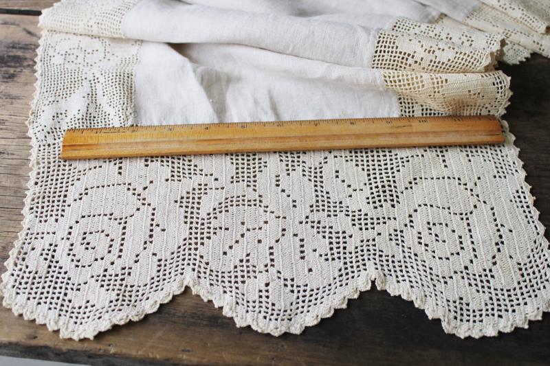 photo of antique flax linen table runner w/ wide cotton crochet lace, vintage farmhouse #2