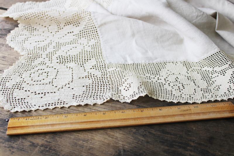 photo of antique flax linen table runner w/ wide cotton crochet lace, vintage farmhouse #3