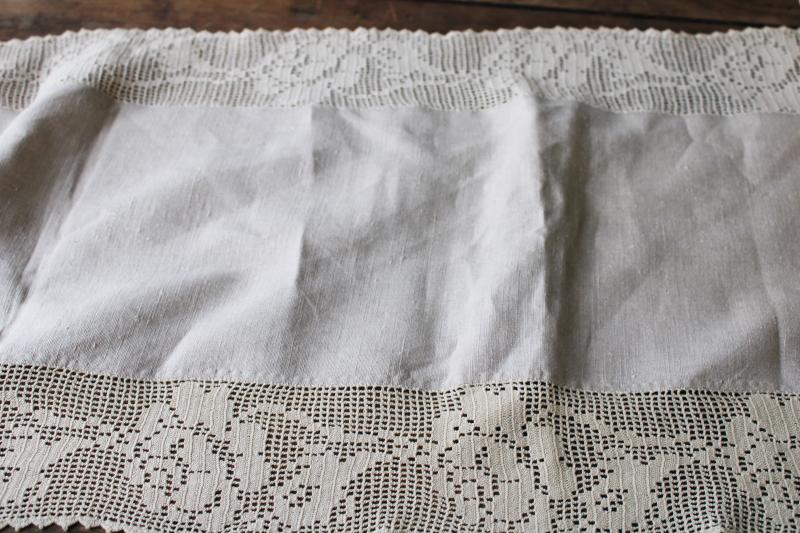 photo of antique flax linen table runner w/ wide cotton crochet lace, vintage farmhouse #6