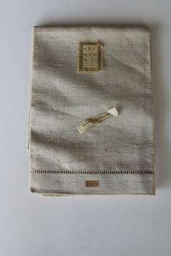 catalog photo of antique flax linen towel w/ original paper label Germany, hemstitched huck damask