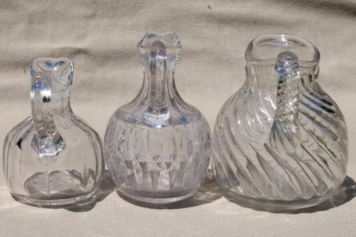 photo of antique flint glass cruet bottles, heavy old glass pitchers w/ pontil marks #6