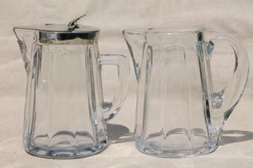 catalog photo of antique flint glass pitchers, creamer or milk jug & vintage syrup pitcher