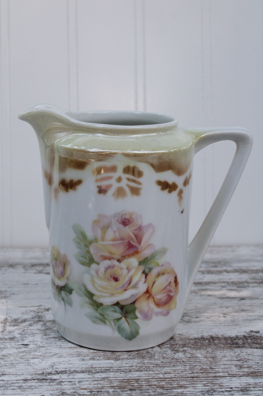 photo of antique floral china cream pitcher w/ cabbage roses luster stencil border, Victorian vintage Germany #1