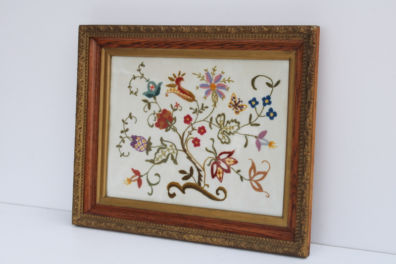 photo of antique floral crewel embroidery on linen in original gold gesso oak picture frame #1