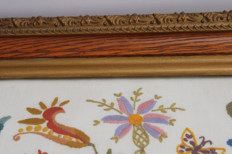 photo of antique floral crewel embroidery on linen in original gold gesso oak picture frame #2