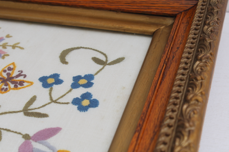 photo of antique floral crewel embroidery on linen in original gold gesso oak picture frame #3