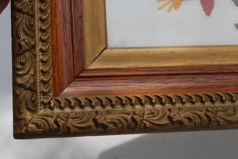 photo of antique floral crewel embroidery on linen in original gold gesso oak picture frame #4