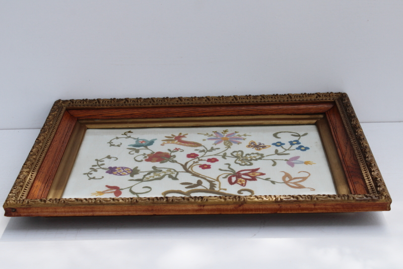 photo of antique floral crewel embroidery on linen in original gold gesso oak picture frame #6