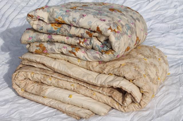 photo of antique floral print cotton fabric comforters, eiderdown style vintage tied quilts #1