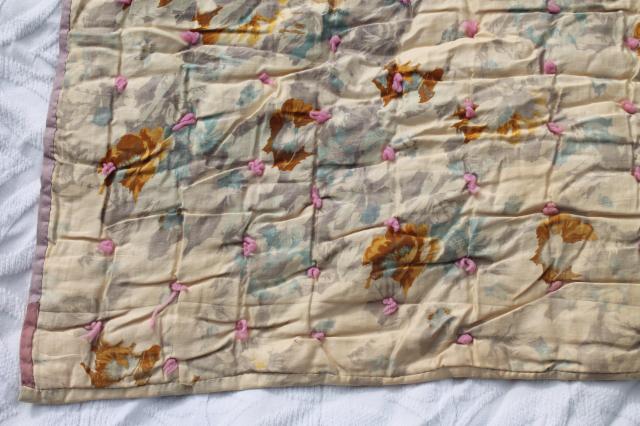 photo of antique floral print cotton fabric comforters, eiderdown style vintage tied quilts #10