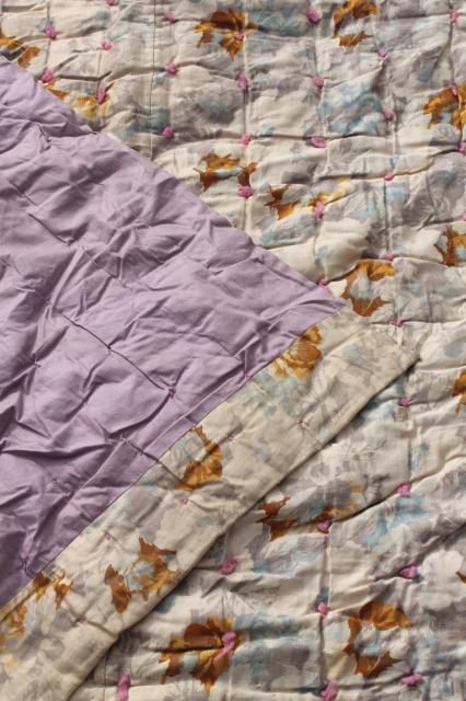 photo of antique floral print cotton fabric comforters, eiderdown style vintage tied quilts #11