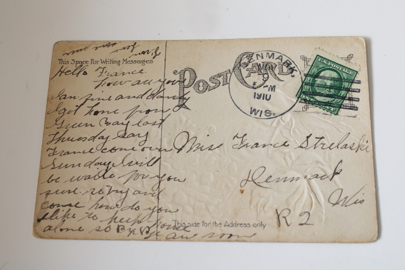 photo of antique floral print postcard, blank calling card with flowers with note on back, 1910 postmark  #3