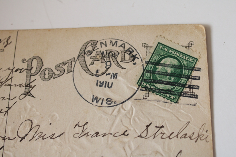 photo of antique floral print postcard, blank calling card with flowers with note on back, 1910 postmark  #4