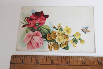 catalog photo of antique floral print postcard, blank calling card with flowers with note on back, 1910 postmark 