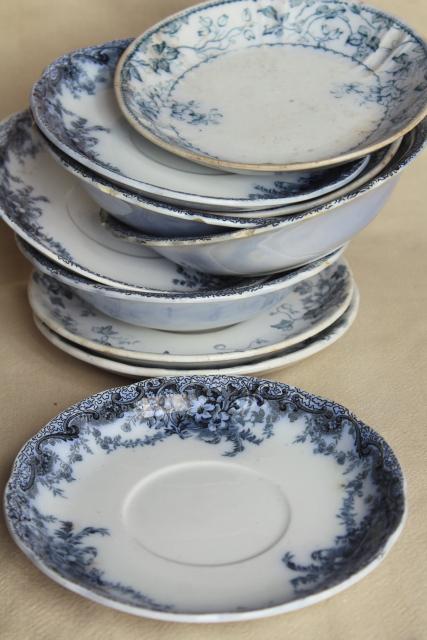 photo of antique flow blue and white china, English Victorian era bowls & saucer plates #1