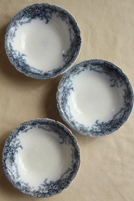 photo of antique flow blue and white china, English Victorian era bowls & saucer plates #3