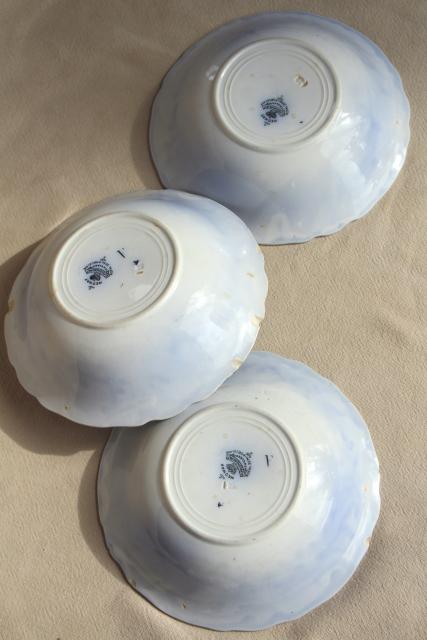 photo of antique flow blue and white china, English Victorian era bowls & saucer plates #6