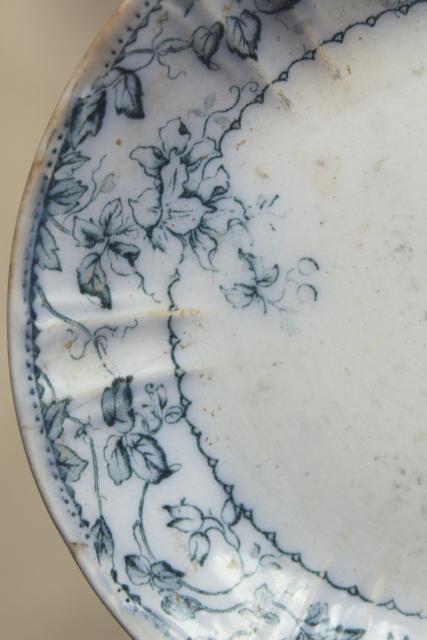 photo of antique flow blue and white china, English Victorian era bowls & saucer plates #9