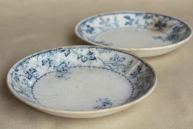 photo of antique flow blue and white china, English Victorian era bowls & saucer plates #10