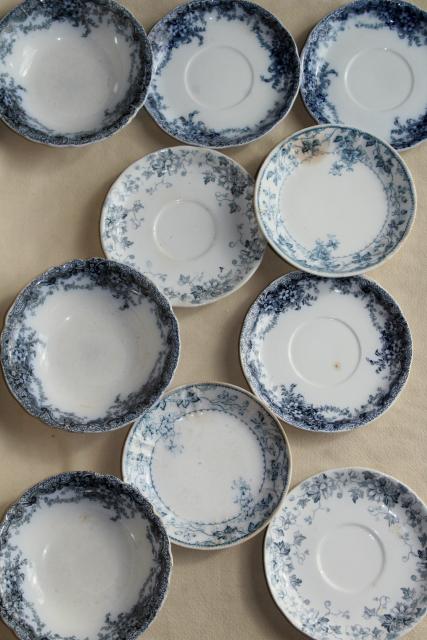 photo of antique flow blue and white china, English Victorian era bowls & saucer plates #12