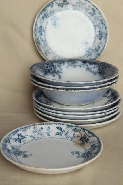 photo of antique flow blue and white china, English Victorian era bowls & saucer plates #13