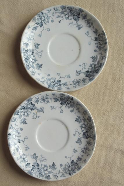 photo of antique flow blue and white china, English Victorian era bowls & saucer plates #14