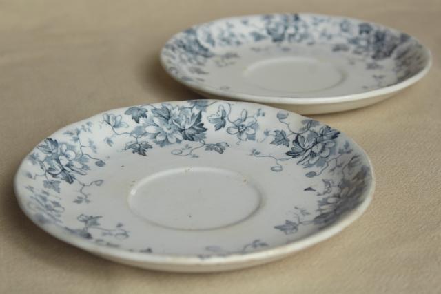 photo of antique flow blue and white china, English Victorian era bowls & saucer plates #16