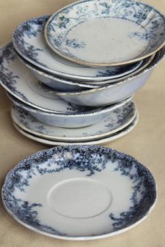 catalog photo of antique flow blue and white china, English Victorian era bowls & saucer plates